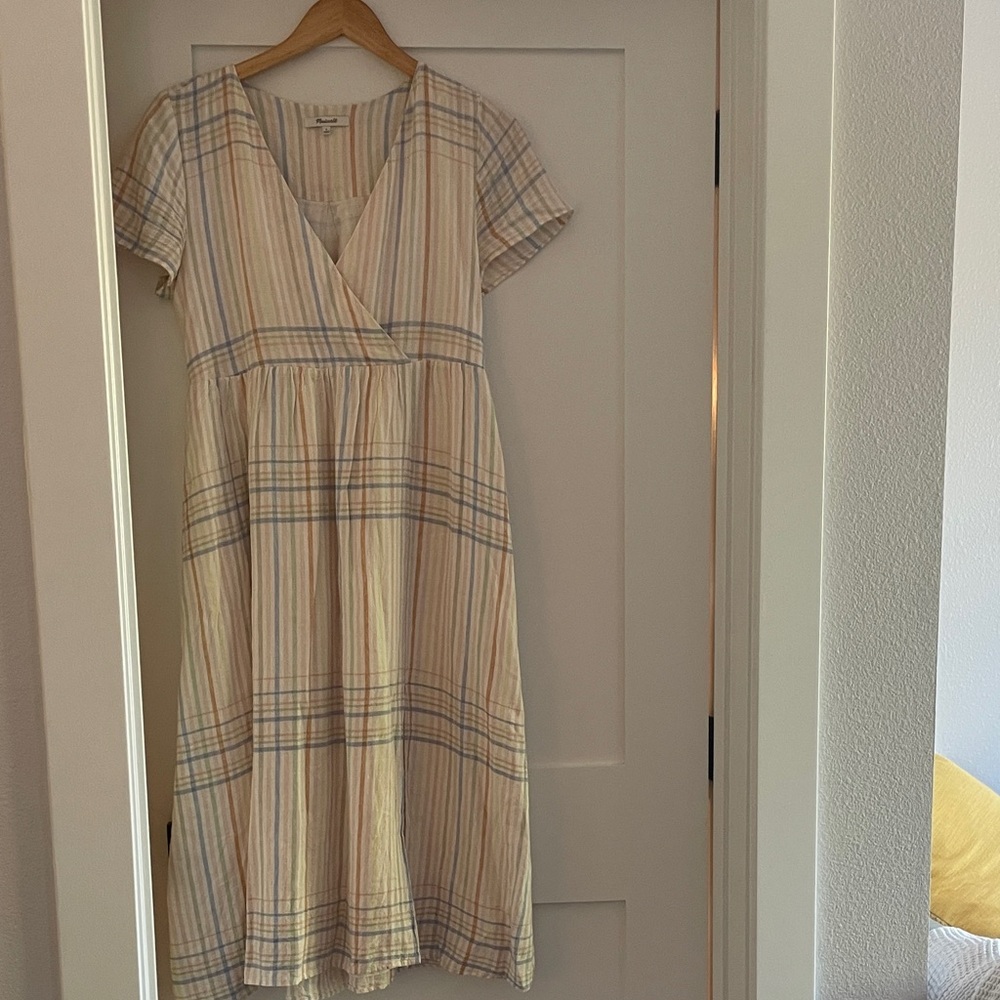 Madewell Beige and Blue Plaid Midi Dress